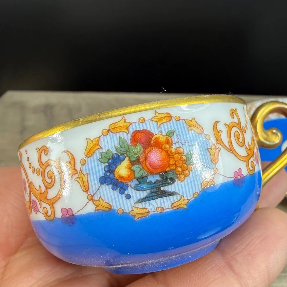 Antique SPM Germany Porcelain Tea Cup Saucer Set Cobalt Blue Gold Fruit Gilt VTG